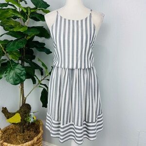AQUA LIGHT GREY BLUE AND WHITE STRIPE HALTER TOP DRESS